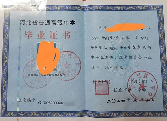 南昌任丘市第一中学高中毕业证样本图片